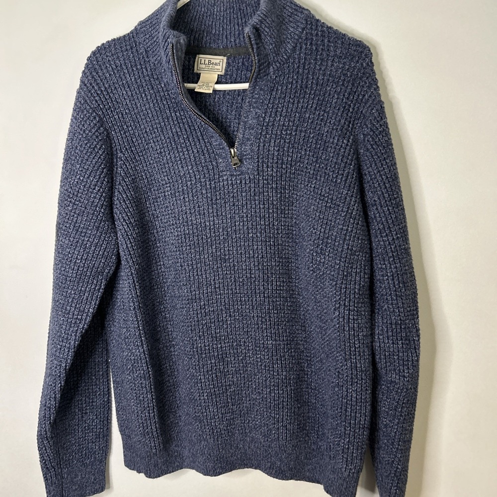 LL Bean Men's XL 100% Organic Cotton Waffle Knit 1/4 Zip Sweater Blue